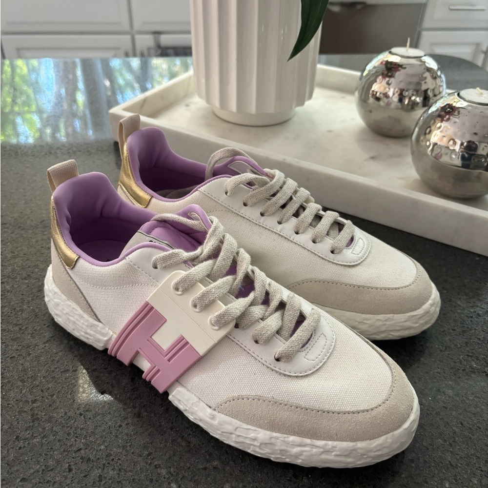 Hogan White and Gold Sneakers with Purple Accents